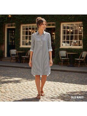 Striped Long-Sleeve Shirt Dress Coastal Preppy Nautical Normcore Minimalist Med.